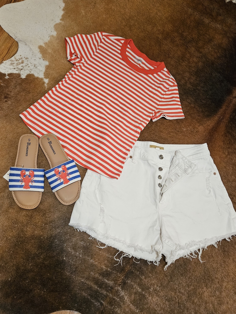 Old Navy RedWhite Striped Tee & Loft White Denim Button Fly Shorts Sz 10 Medium